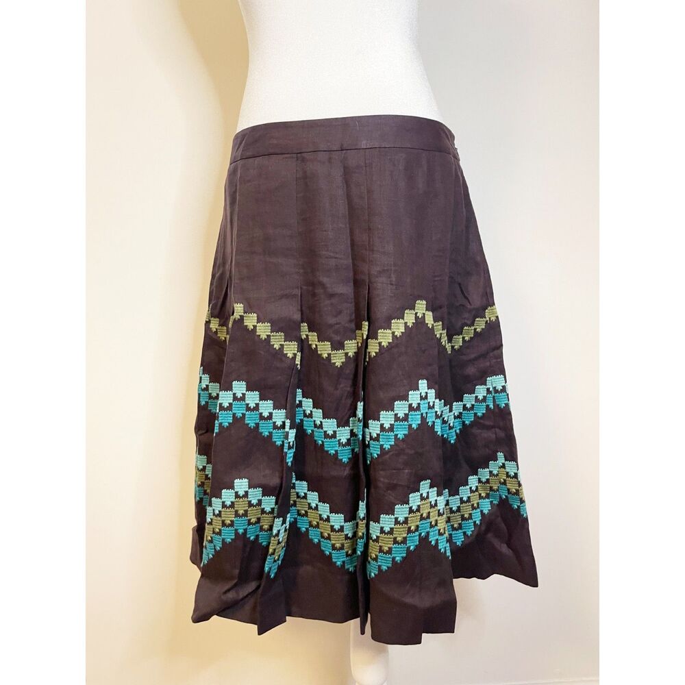 Ann Taylor LOFT Linen Embroidered A-Line Skirt Size 8 Boho Southwestern